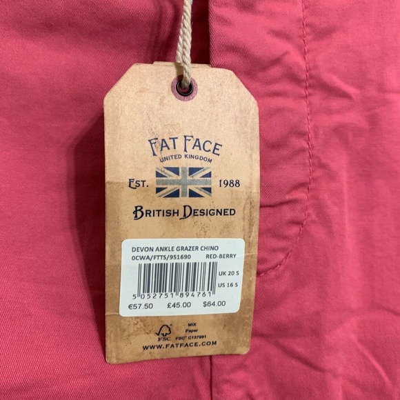 FAT FACE DEVON Ankle Grazer Chinos Red Berry Sz 16S NWT - Picture 5 of 12